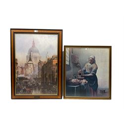 After Johannes Vermeer (Dutch 1632 - 1675): 'The Milkmaid', colour print together with a print of St Paul's Cathedral max 70cm x 48cm (2)