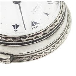 George III silver and gilt metal triple cased verge fusee pocket watch, for the Turkish market by Markwick Markham Borrell, London, No. 23209, ornate classical design pillars, pierced and engraved foliate balance cock, white enamel dial with Turkish numerals, bull's eye glass, the silver cases by James Richards, London 1804, the silver and gilt outer case decorated with green shagreen