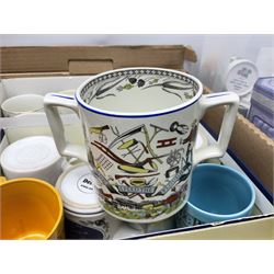 Large collection of ceramics to include God Speed the Plough loving cup, Denby, Coalport, Portmeirion, quantity of mugs etc in four boxes