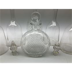 Waterford Crystal Coleen pattern cut glass decanter, together with a set of four plain mallet shaped decanters, and a further decanter of flask form, (6)