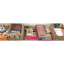 Quantity of books and paper ephemera to include Elizabeth II souvenir programme, football programmes, cigarette cards. leather bound books etc
