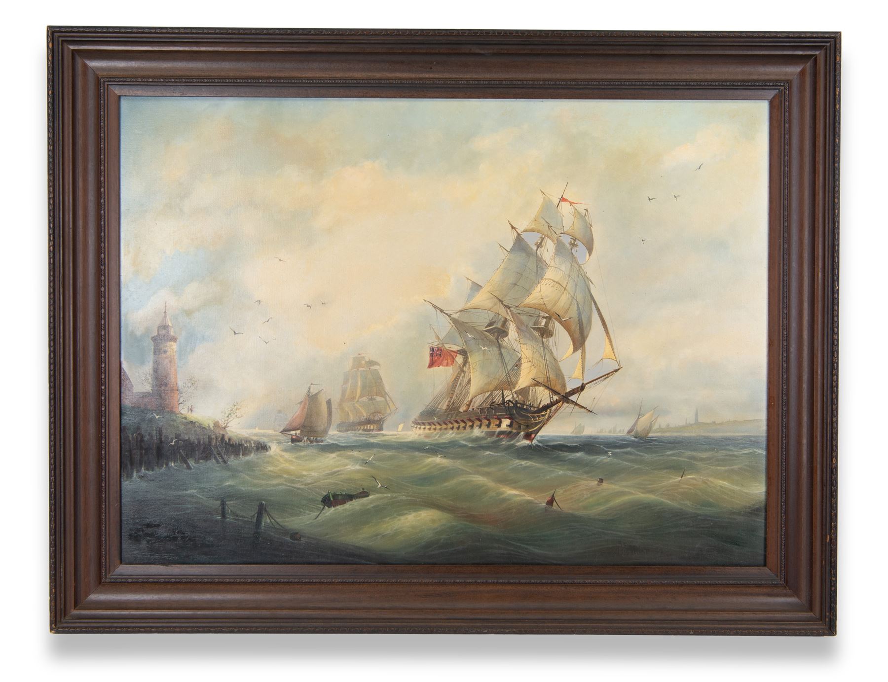 Michael J Whitehand (British 1941-): HMS Serapis and other British Vessels off the Coast, oil on canvas signed and dated '85, 65cm x 90cm