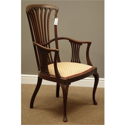  Edwardian walnut open armchair, shaped fret work back and splats, on cabriole supports, W60cm  