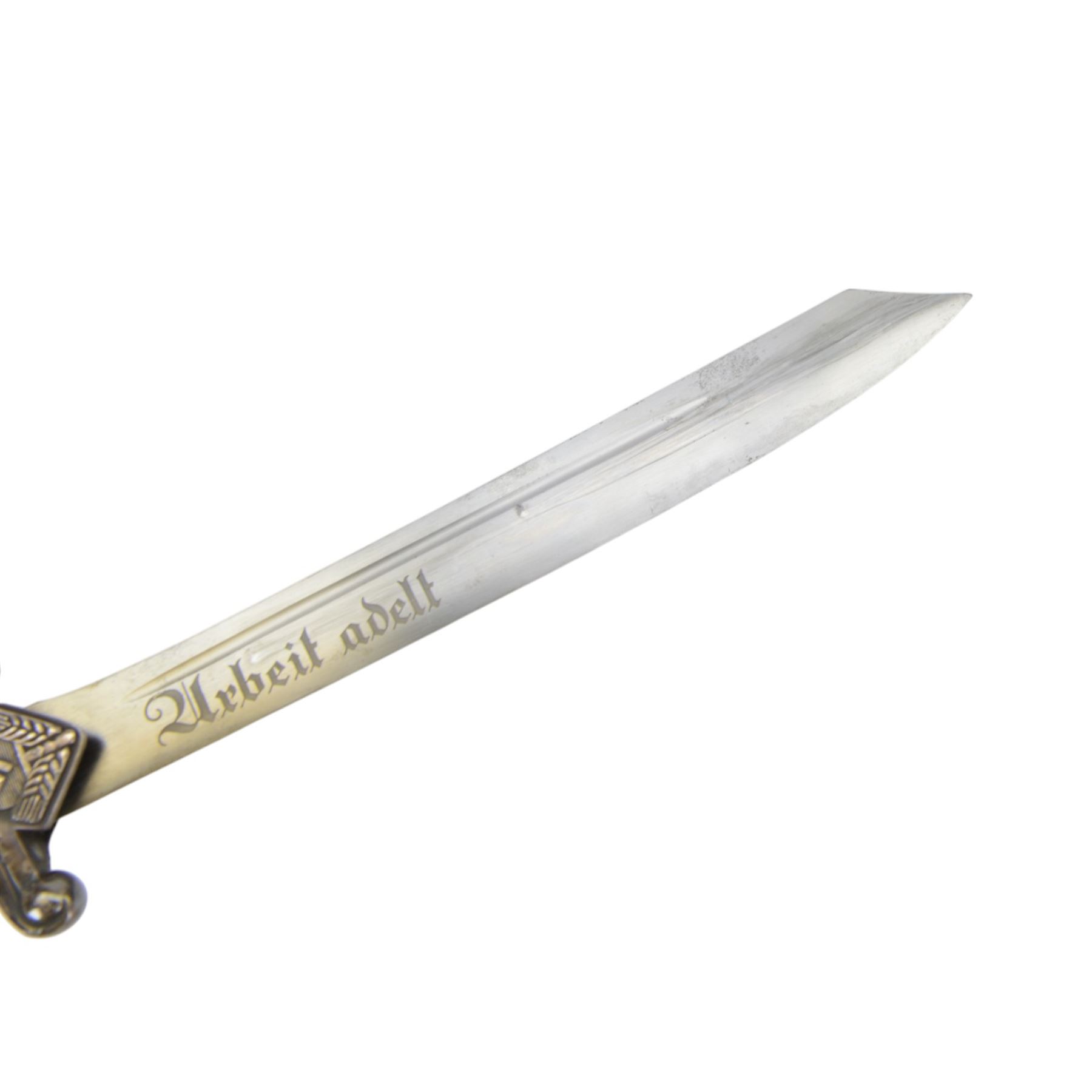 German Third Reich Officers dress hewer, the 26cm blade marked 'Urbeit adelt', the crossguard with RAD badge, ivorine grip and eagle head pommel, in engraved metal scabbard, overall L40cm