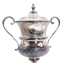 'The Racal Chesterfield Cup, Goodwood 30th July 1988' - Edwardian silver two handled cup and cover with scroll handles and leaf decoration on wooden base H52cm overall Birmingham 1908 Maker Jones & Crompton