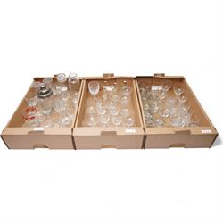 Quantity of cut and other table glass, glass and plated cocktail shaker etc in three boxes