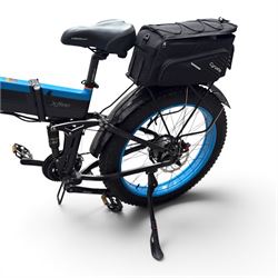 Cyrusher XF690 Plus - electric fat tyre bicycle, 250W model, with suspension forks, disc brakes, rear pannier bag and blue and black finish.