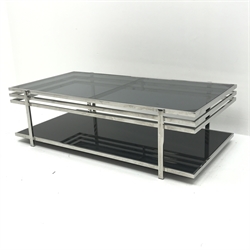 Chrome framed two tier coffee table with glazed tinted top, W120cm, H35cm, D63cm   