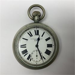 Early 20th century British Army officer's campaign clock in the form of a key-less wind nickel cased pocket watch with white dial, Roman numerals and subsidiary seconds dial, inscribed H. Williamson Ltd. London 9138F, the back with broad arrow and 9138F; in leather travelling case with dial aperture and brass easel support H14cm