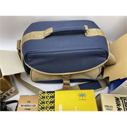 Cameras and accessories including Nikon Nikkormat camera with ‘Nikkor-H 1:2 f=50mm’ lens, Olympus C-8080 wide zoom digital camera, soft case camera bag etc, all untested, in one box