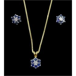 Gold sapphire and diamond cluster pendant necklace and pair of gold matching stud earrings, all hallmarked 9ct
