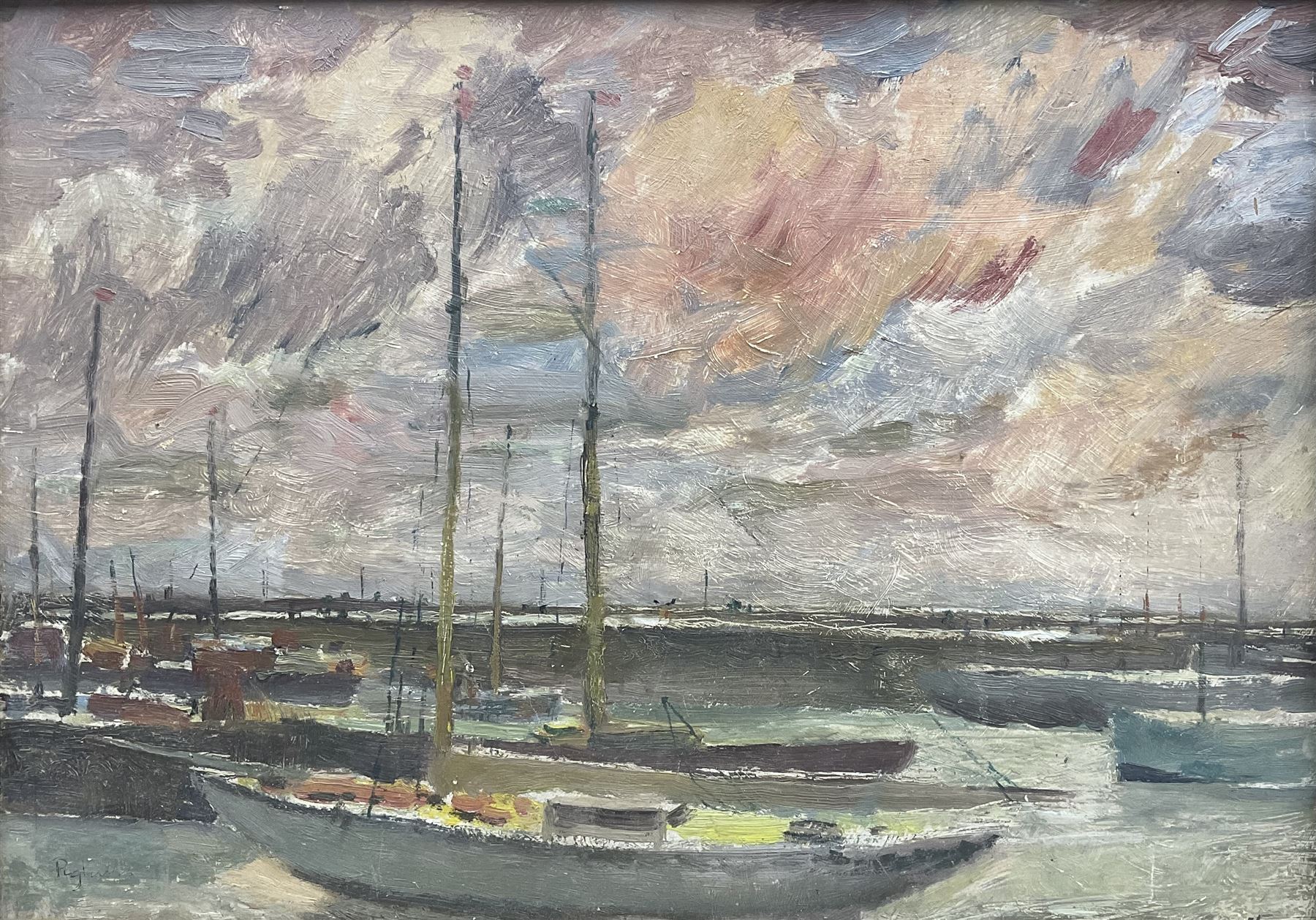 Joseph Pighills (British 1902-1984): Bridlington Harbour, oil on board signed twice, titled and with similar sketch verso 32cm x 46cm