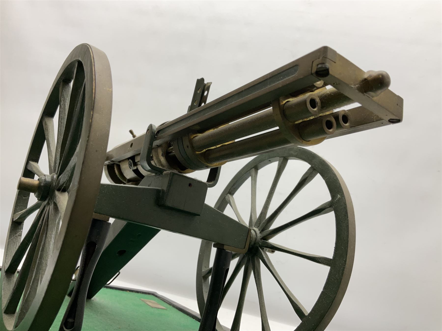 Scratch built brass model of an 1861 Gatling Gun with rotating barrels