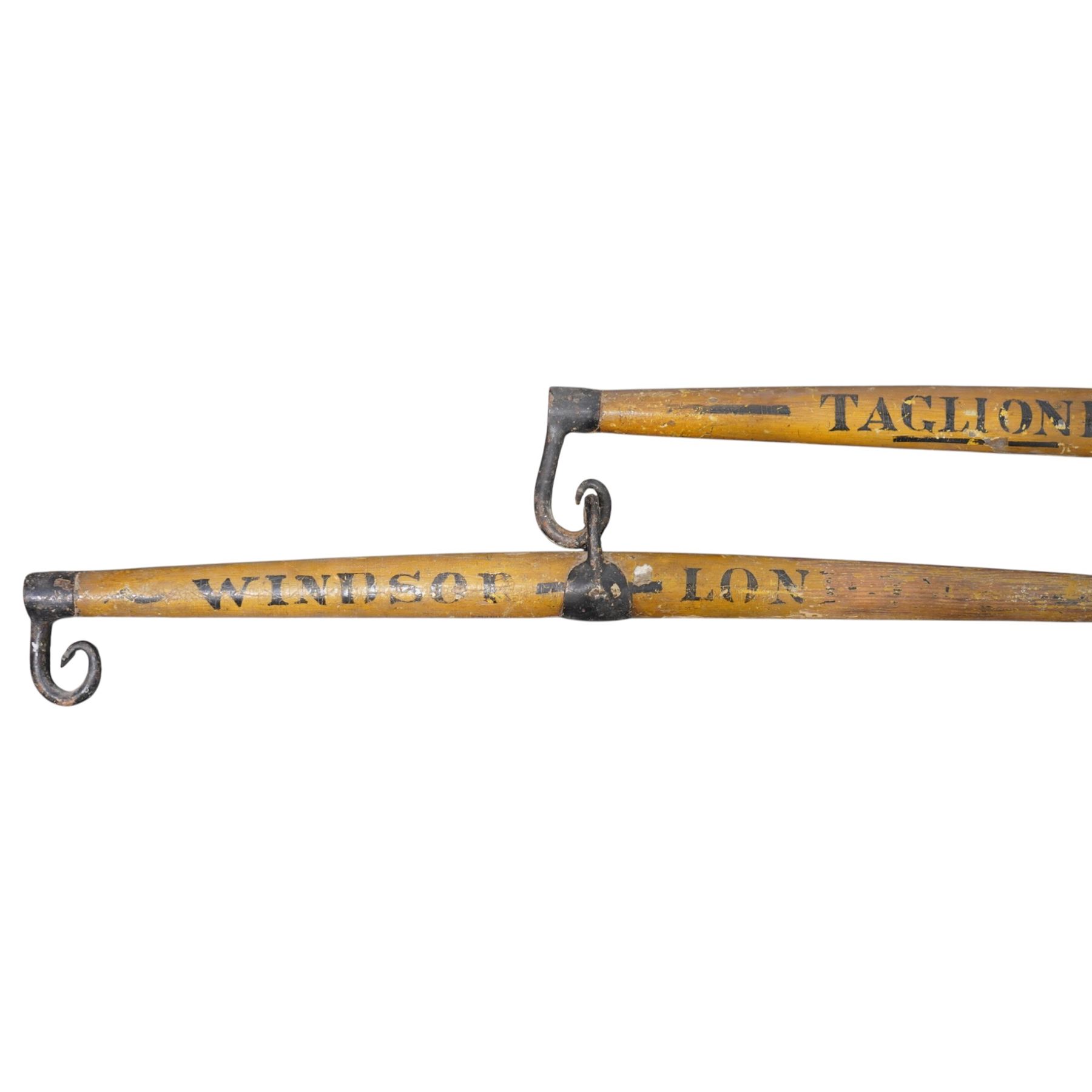 Taglioni coach triple swingletree, the central marked Taglioni Coach, the others Winsor - London, each swingletree L98cm