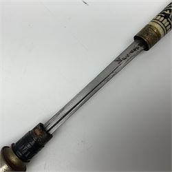 Early 20th century Indian ebonised wooden umbrella sword stick with 36cm blade, carved bone mount and black cloth cover L92cm overall; together with a similar Indian ebonised wooden sword stick with 64cm blade, carved bone mount and brass lion mask pommel L91cm (2)
