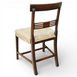 Georgian design mahogany dining chairs, a set of six including two carvers and four side chairs, each with rectangular moulded crest rail above a horizontal splat with central inlaid panel, upholstered seats, raised on square section supports united by stretchers