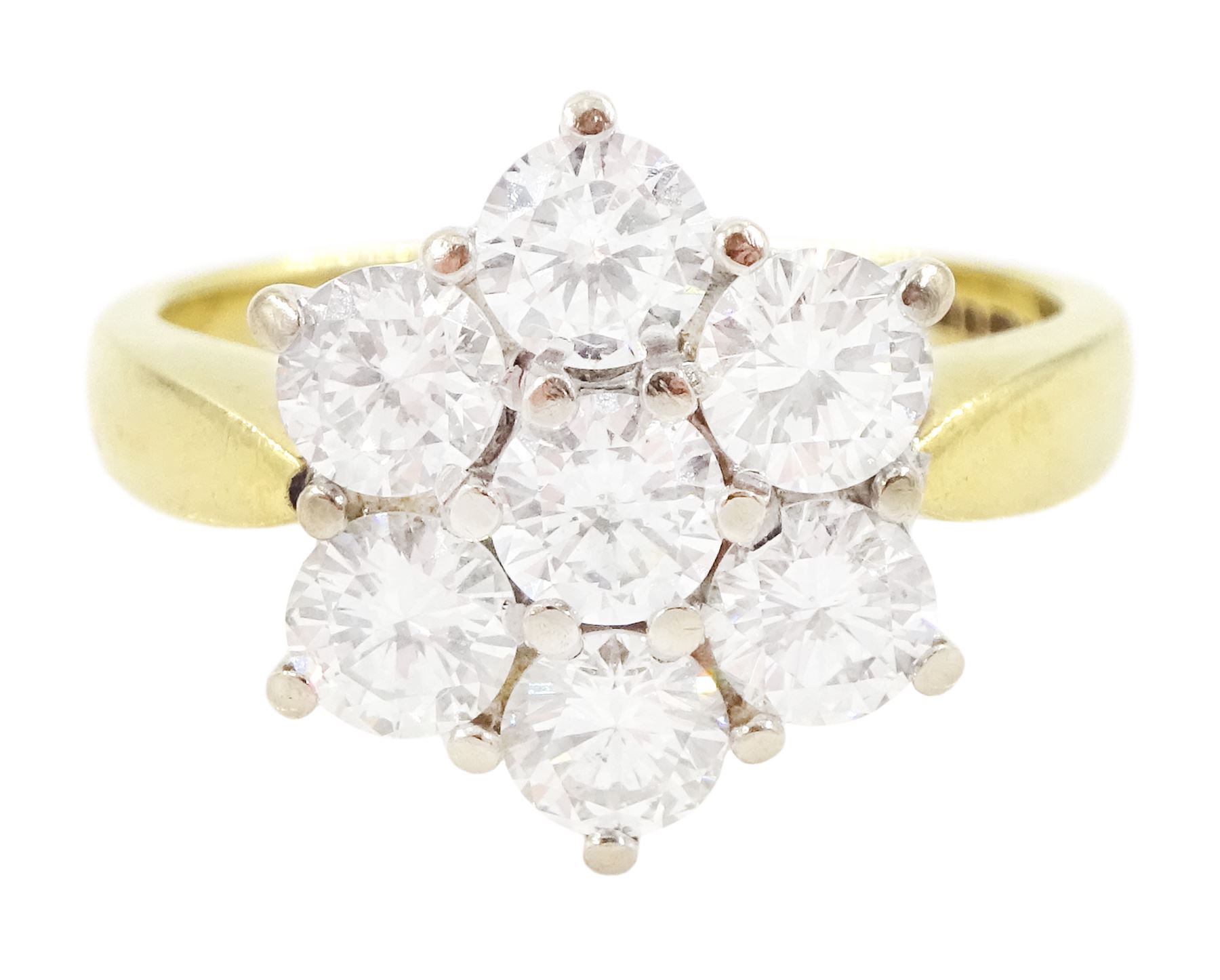 18ct gold seven stone, round brilliant cut diamond, flower head cluster ring, London 1988, total diamond weight approx 1.45 carat
