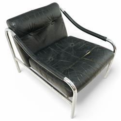 Pieff - circa. 1970s chrome framed armchair with black leather upholstered cushions (W60cm); together with a mid-20th century chrome framed chair in the manner of Mart Stam (W55cm)