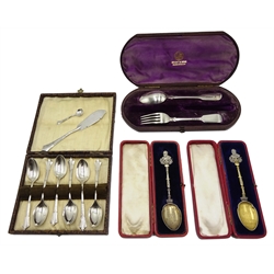 Set of six Victorian silver teaspoons, Albany pattern by Joseph Rodgers & Sons, Sheffield 1984, similar salt and knife, two Edward VII silver Coronation spoons by James Fenton and a silver christening spoon and fork, all cased approx 7oz
