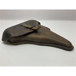 WWII German brown leather holster with side magazine pouch for a Walther P.38 semi-automatic pistol, stamped P38 and OWX 1941 on back L24.5cm