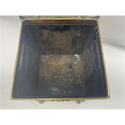 Brass coal box with ring handles and lion feet and hinged lid, HH35cm 