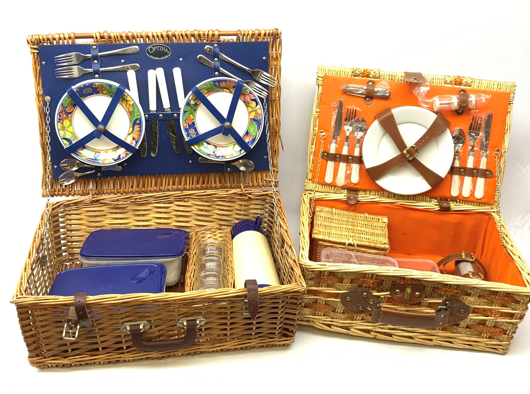 Two wicker picnic baskets, the largest by Optima and fitted for four