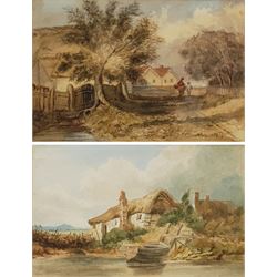 English School (19th century): Figures in a Rural Village, watercolour indistinctly signed 20cm x 29cm, and a similar watercolour unsigned 14cm x 22cm (2)