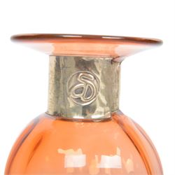 Anthony Stern (British 1944-2022); hand blown orange art glass vase with a metal collar, signed beneath, H15cm