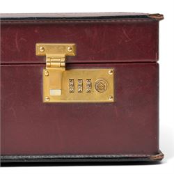 Loewe - vintage burgundy leather attaché case, the exterior embossed with Loewe Anagram, with gilt-tone hardware, twin combination locks and leather handle, opening to a suede-lined fitted interior with document compartments, pen loops and pockets, stamped LOEWE Madrid 1846