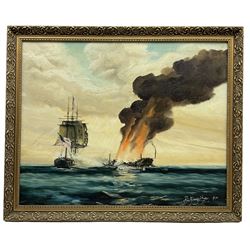 Peter Gerald Baker (British 20th century): American Naval Battle, oil on canvas signed and dated '76, 59cm x 74cm
