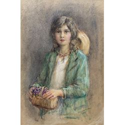 Rowland Henry Hill (Staithes Group 1873-1952): Young Girl with Violets, watercolour heightened in white signed and dated 1927, 26cm x 17.5cm 
Provenance: exh. T B & R Jordan 'Staithes Group Exhibition', Pannett Gallery Whitby, July 2016, facsimile catalogue verso
