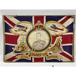 Union flag entitled 'Edward VIII King Emperor' with central portrait surrounded by aircraft, naval ship and field gun 57 x 84cm laid-down on hardboard panel; another larger Union flag 210 x 120cm; 79th North London Air Scouts flag 85 x 117cm on pole with 'Be Prepared' finial; framed embroidered RAC Cirencester crest; native dagger in leather sheath; and small quantity of cloth badges etc