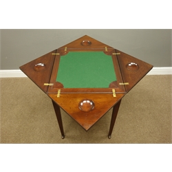  Edwardian mahogany and satinwood banded envelope card table, baize lined interior with sunken counter wells, single drawer, on square tapering supports with castors, 51cm x 51cm, H71cm  