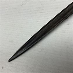 WWI Prussian S98 bayonet with 52cm fullered steel blade dated 1906 to pipeback and marked Solingen to ricasso, regimentally stamped to cross guard 56.R.11.2. for 56 Infanterie Regiment, 11 Kompanie, Waffe 2, L65cm overall; and another in battlefield relic condition (2)