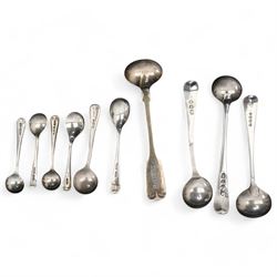 Four 19th century salt spoons and six small silver condiment spoons