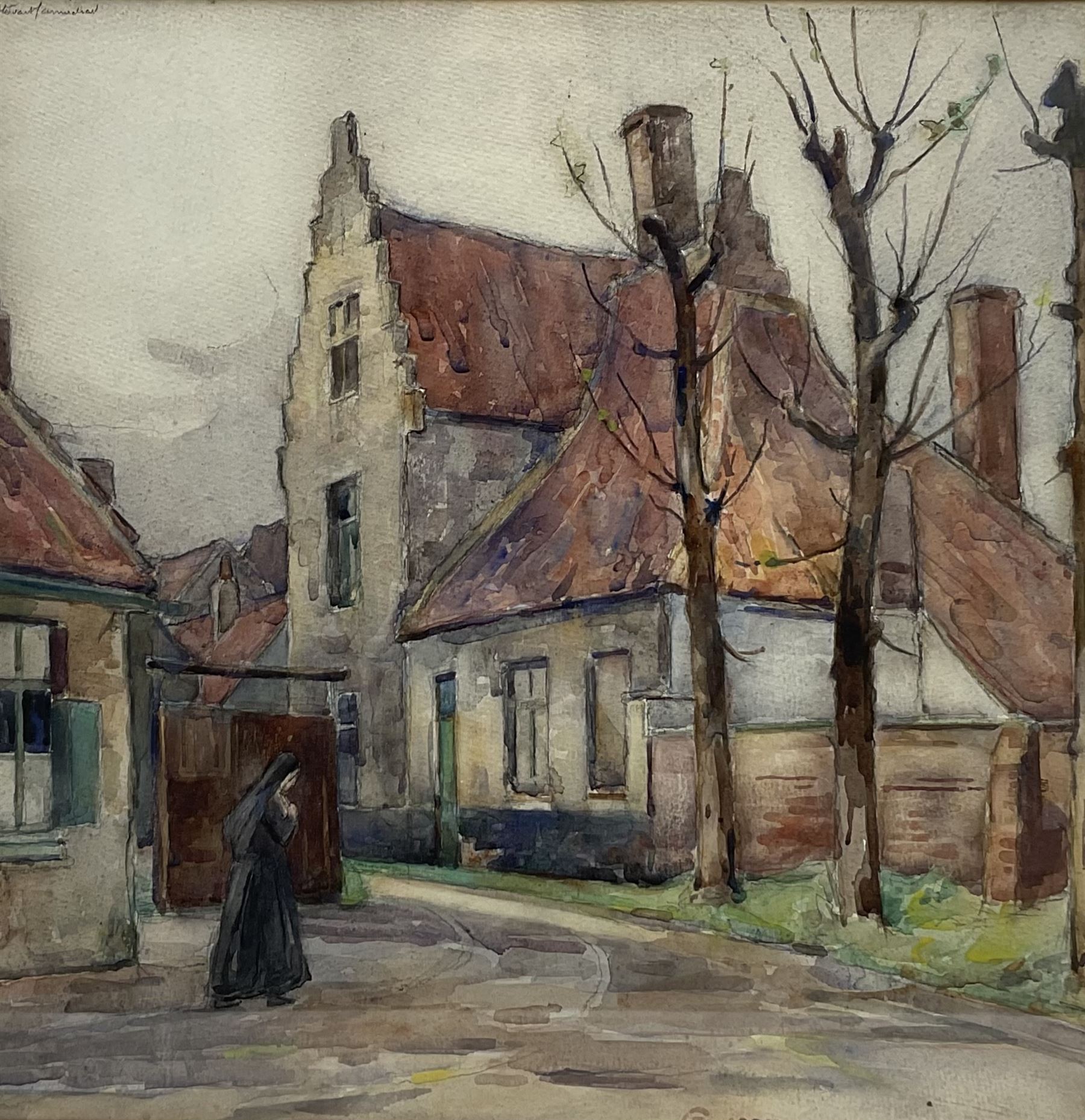 Stewart Carmichael (Scottish 1869-1950): Village Nun in Ghent Belgium, watercolour signed and dated, labelled verso 37cm x 37cm