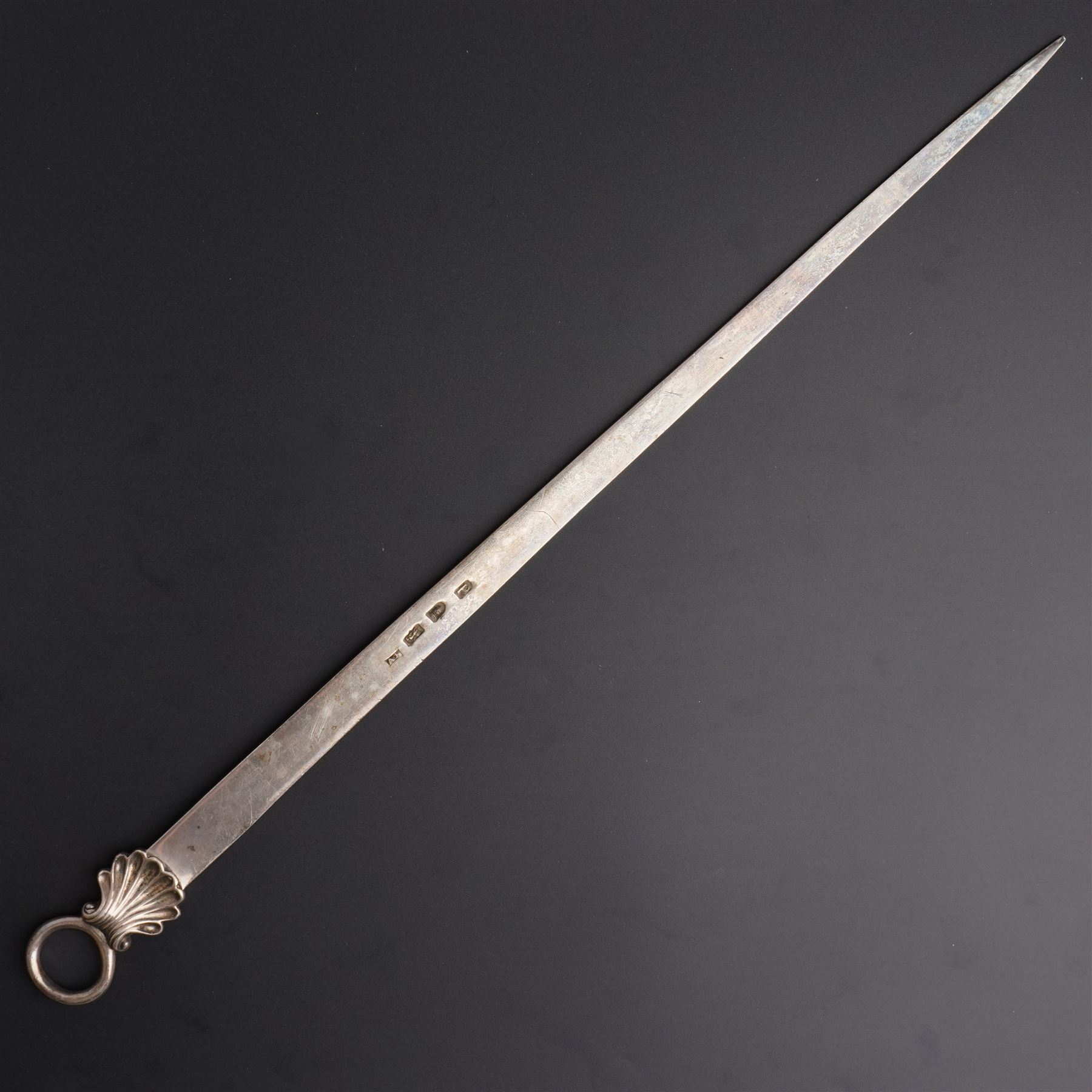 George III silver meat skewer with shell moulded ring L40cm London 1779 Maker Allen Dominy 