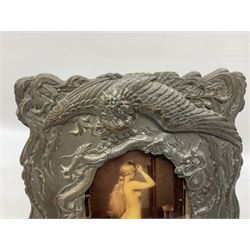 Japanese bronzed antimony frame, decorated with dragons and ho ho birds, easel stand to reverse, containing Continental crystoleum of female nude, H24cm