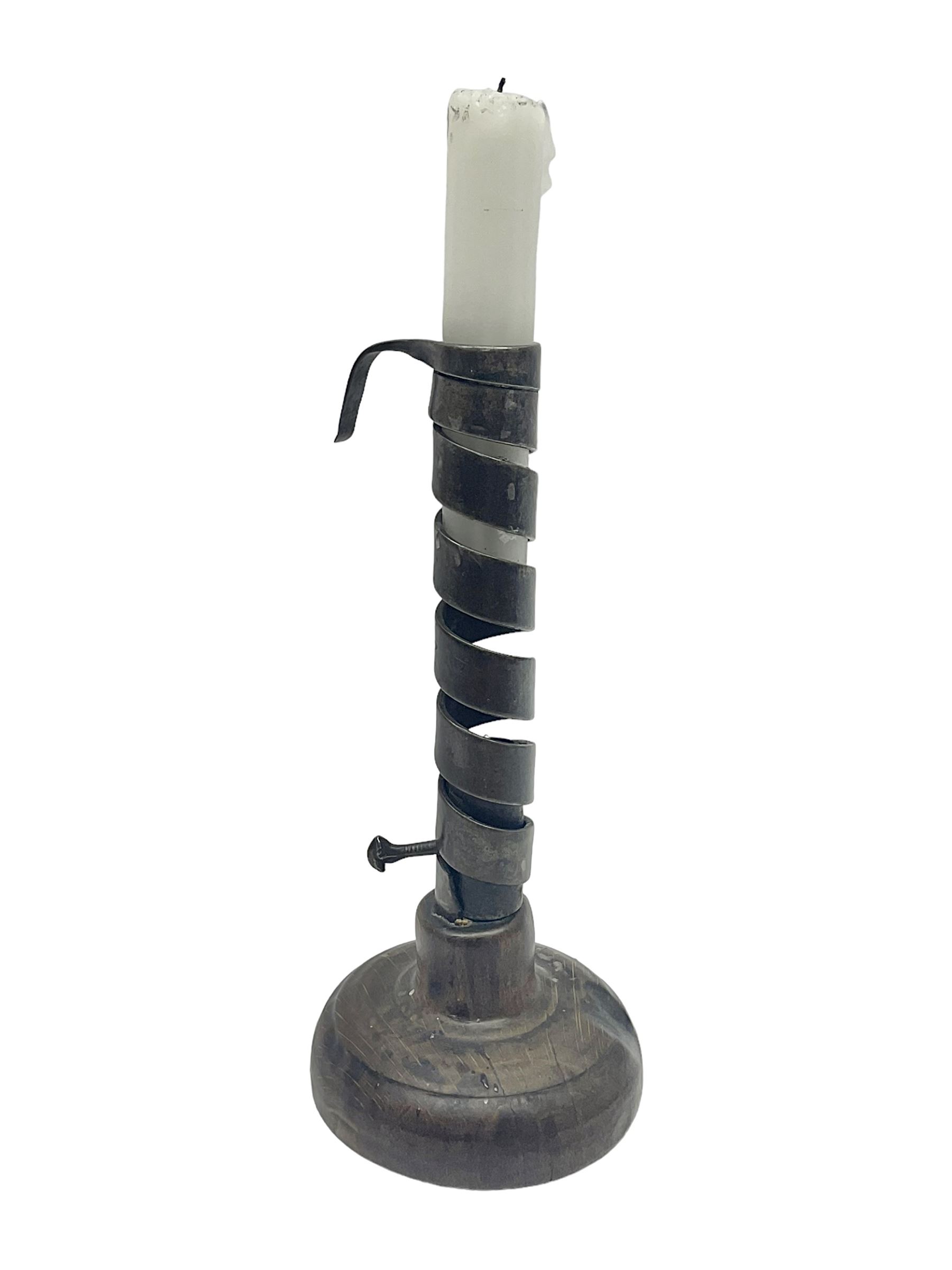 18th century spiral rat de cave candlestick on domed wooden base, H20cm