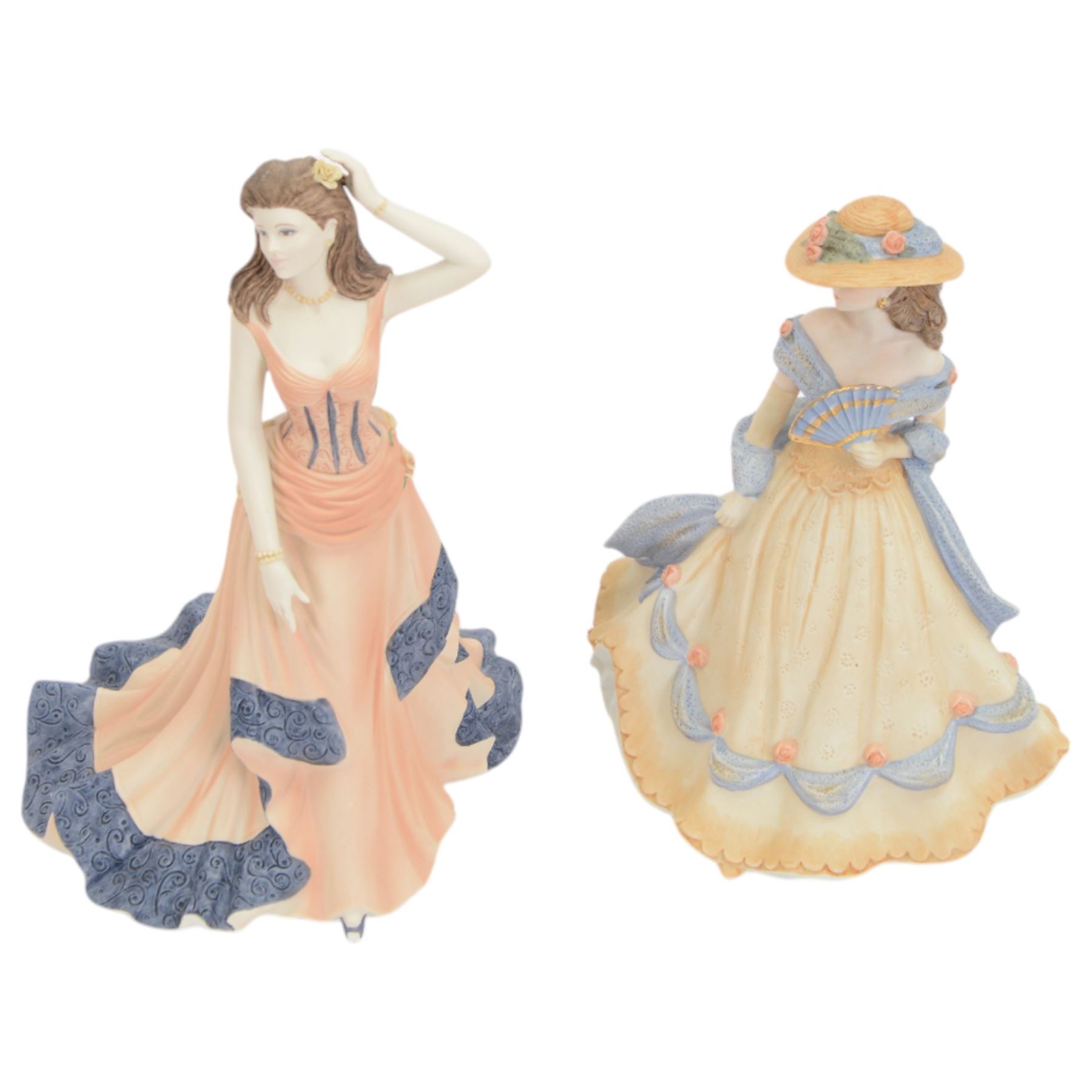 Eighteen Coalport Age of Elegance bisque figurines, including Brighton Promenade, Kensington Parade, Spring Pageant and Mandarin Crescent, mostly boxed