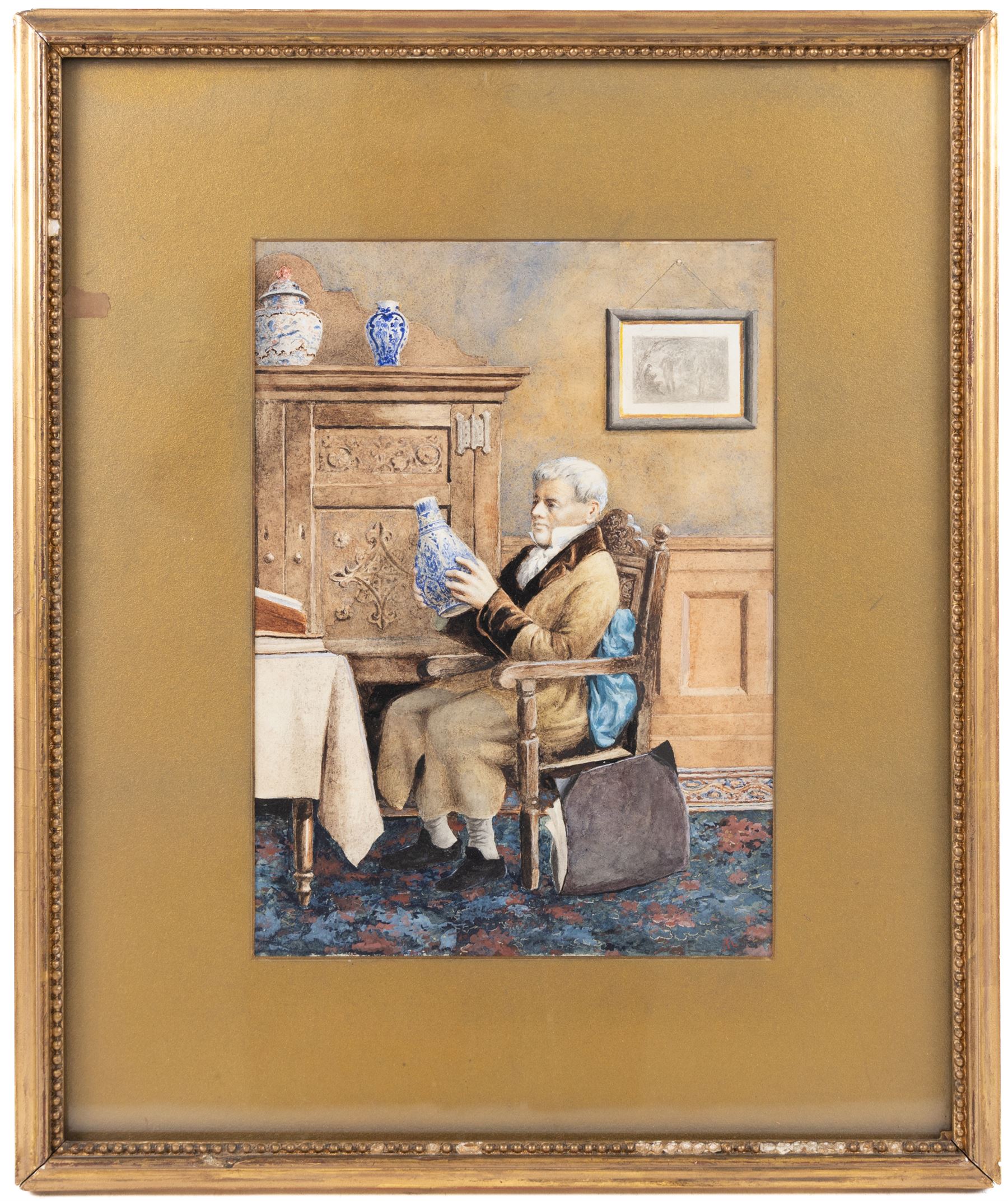 After Henry Stacy Marks (British 1829-1898): Gentleman Examining a Vase, watercolour indistinctly signed with monogram 28cm x 20cm 