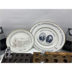Collectables relating to the Methodist Church, including plates, goblet and mugs commemorating the 250th anniversary of the church, together with two wooden communion cup holders, etc