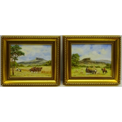  Harvesting Scenes - Cleveland, four 20th century oils on canvas board signed M. Tate 19cml x 24cm and 'Moorland Scene near Goathland', signed by Brian Richardson titled and dated 1987 verso 9cm x 14.5cm (5)  