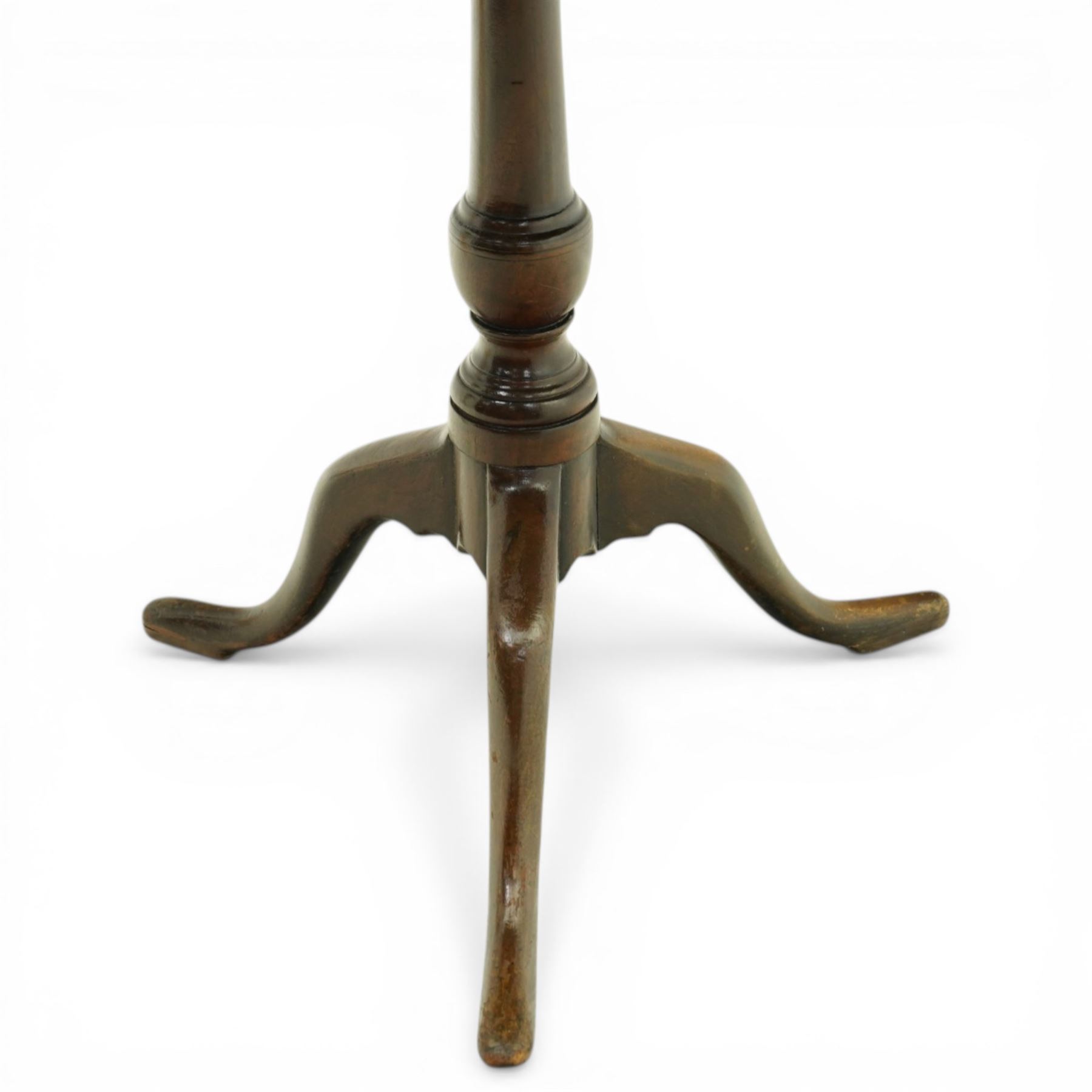 19th century mahogany circular tilt top occasional table, the dished top raised on a turned pedestal with three cabriole supports, underside fitted with tilt mechanism