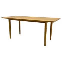 Ikea - Rectangular oak table, slim rectangular top over rounded edges, supported by tapered cylindrical legs  