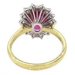 18ct gold pink sapphire and diamond cluster ring, hallmarked, sapphire approx 3.10 carat