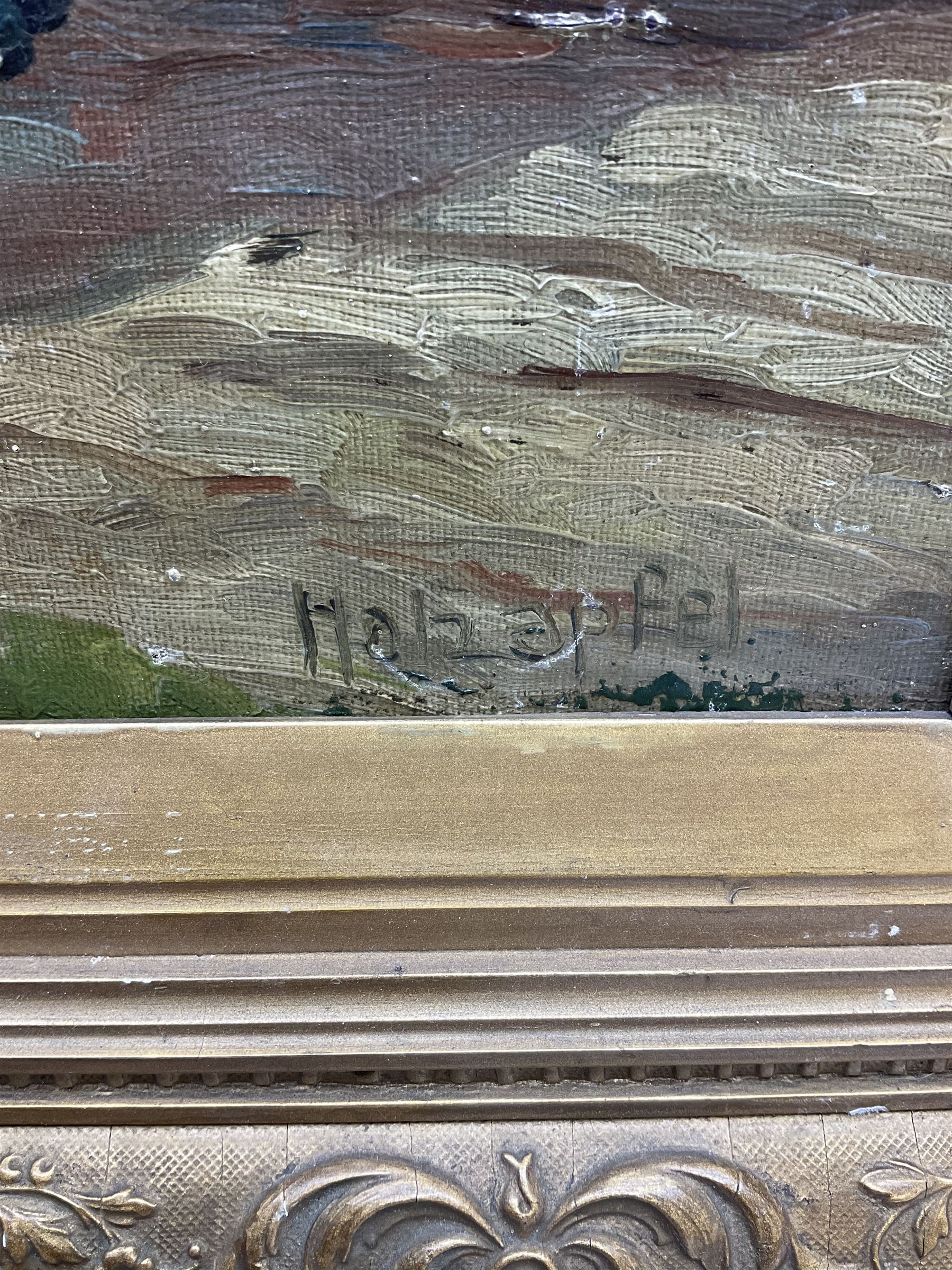 Hans Holzapfel (German 1884-1960): Monk Sweeping a Courtyard, oil on canvas mounted onto board signed 36cm x 20cm