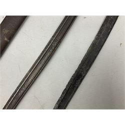 French Model 1874 Epee bayonet marked Oulle 1876 in associated scabbard; Model 1866 sabre bayonet in cut-down sword scabbard; and Model 1842/59 sabre bayonet in relic condition (3)