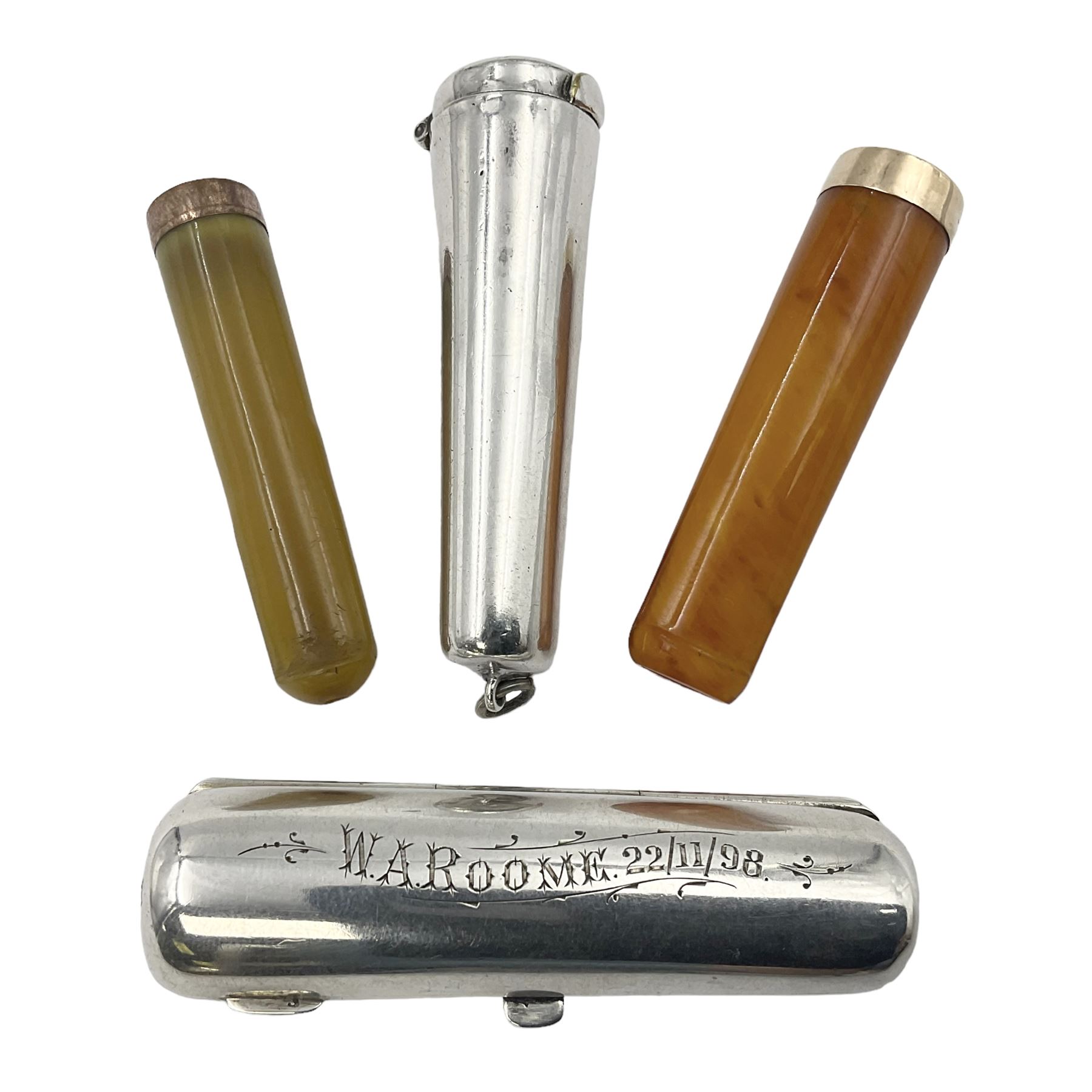 Two cheroot holders, one example with 9ct gold collar, together with two Victorian silver cheroot holder cases, both of typical form, one with personal engraving to cover, hallmarked Sampson Mordan & Co, London 1896