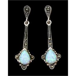 Pair of opal and marcasite silver pendant earrings, stamped 925